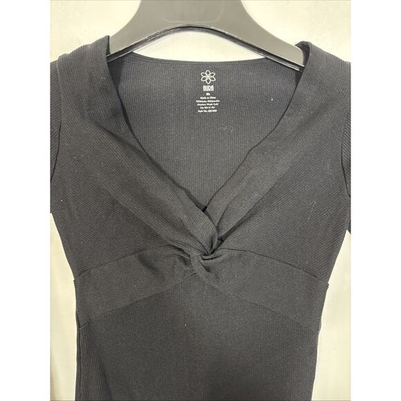 Aura Ribbed Knit Bodysuit Size M/L Black Twist Front V Neck Long Sleeve Layering - Picture 3 of 6